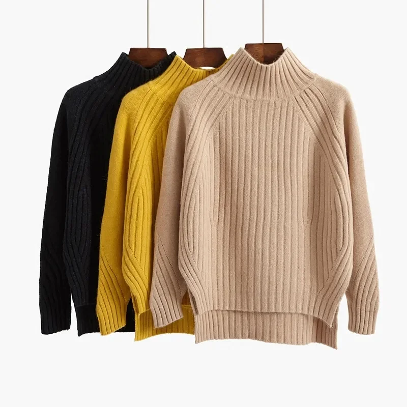 2024 Autumn Winter Women Solid Mock Neck Loose Pullover Sweaters Knit Split Stripe Jumpers For Women Casual Office Sweater