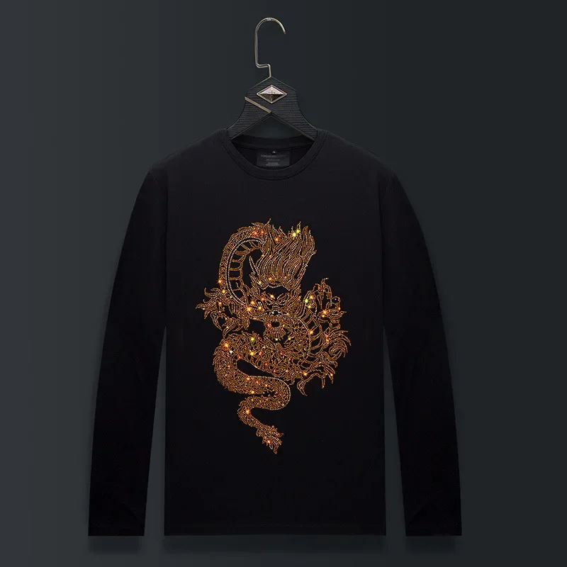 

Plus Size Rhinestones T Shirts Men Fashion Streetwear Cartoon Dragon O Neck Long Sleeve Slim Modal Cotton Tshirts Mens Clothing