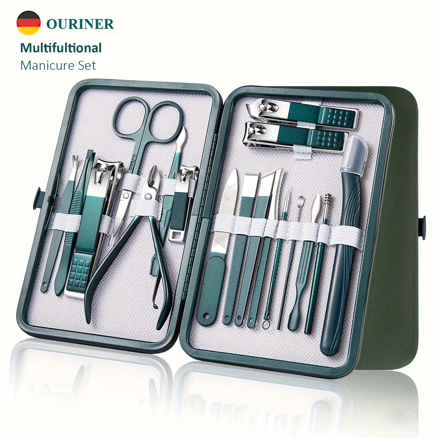 Dark Green 18Pcs Manicure Pedicure Tool Kit, Slant Tip Nail Clippers Dead Skin Trimmer Nail Care Beauty Set