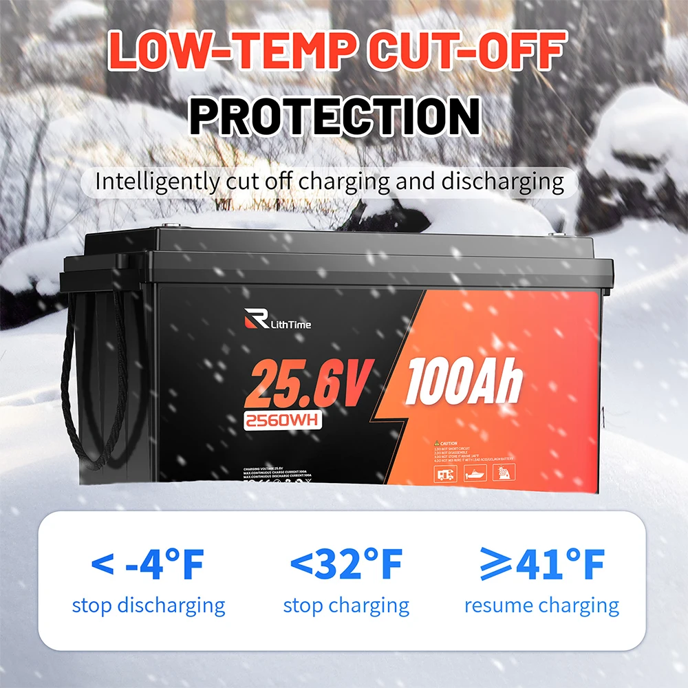 RVLithTime 24V (25.6V) 100Ah LiFePO4 Battery, Grade A Cell, Built-in 100A BMS, Low Temp Protection, 2560Wh Deep Cycle Lithium Battery, IP65 Waterproof, 6000+ Cycles for RV, Marine, Camper Van, Home Backup, Off-Grid Solar