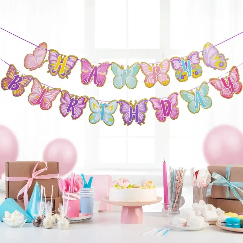 Pink Butterfly Happy Birthday Banner Butterfly Birthday Party Decorations Girl 2 3 4 5 6 Years Old Birthday Supplies