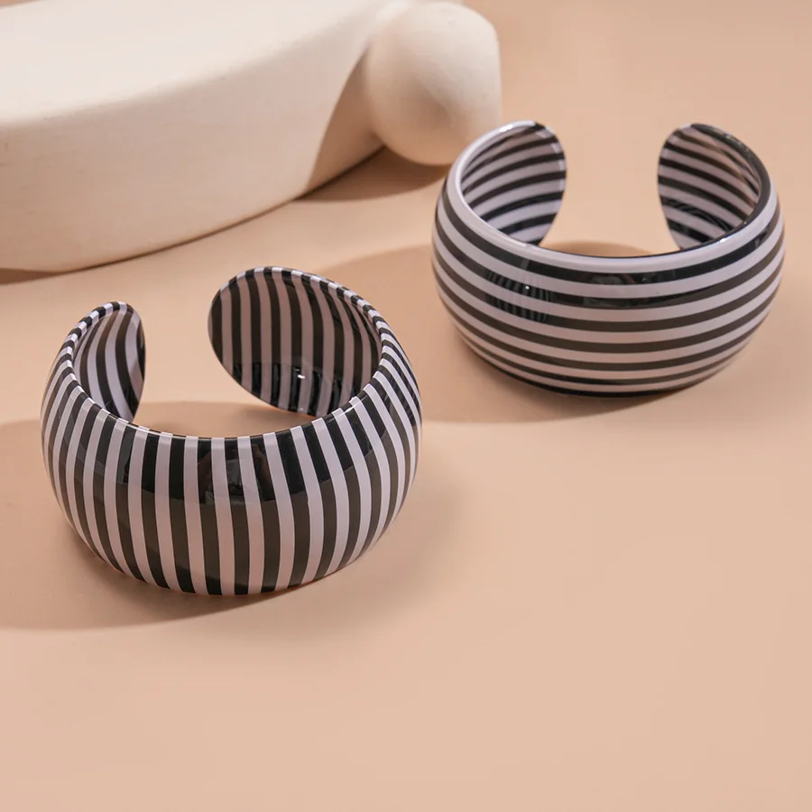 Black White Red Blue Striped C Shape Wide Open Acrylic Bangles Wide Round Resin Cuff Bracelets for Women Statement Jewelry image 3