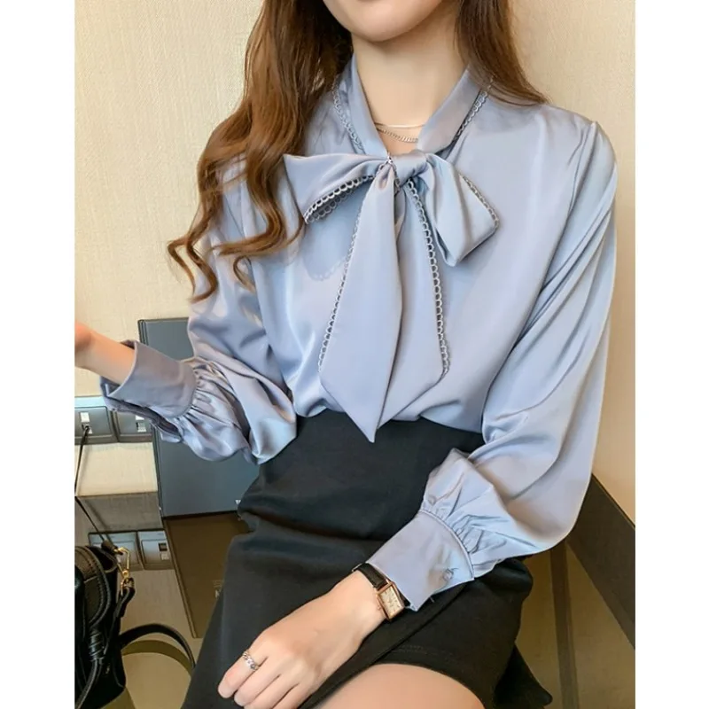 Korean Loose Tops Spring Fashion Chiffon Blouse Women White Office Lady Clothes with Bow Blue Long Sleeve Shirt