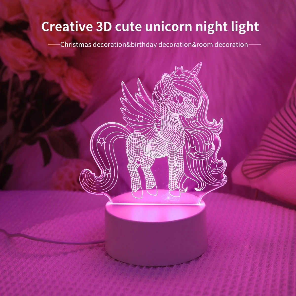 1PC 3D Night Light Creative Bedside Light Cute Unicorn Valentine's Day Christmas Home Decoration Romantic Atmosphere Light