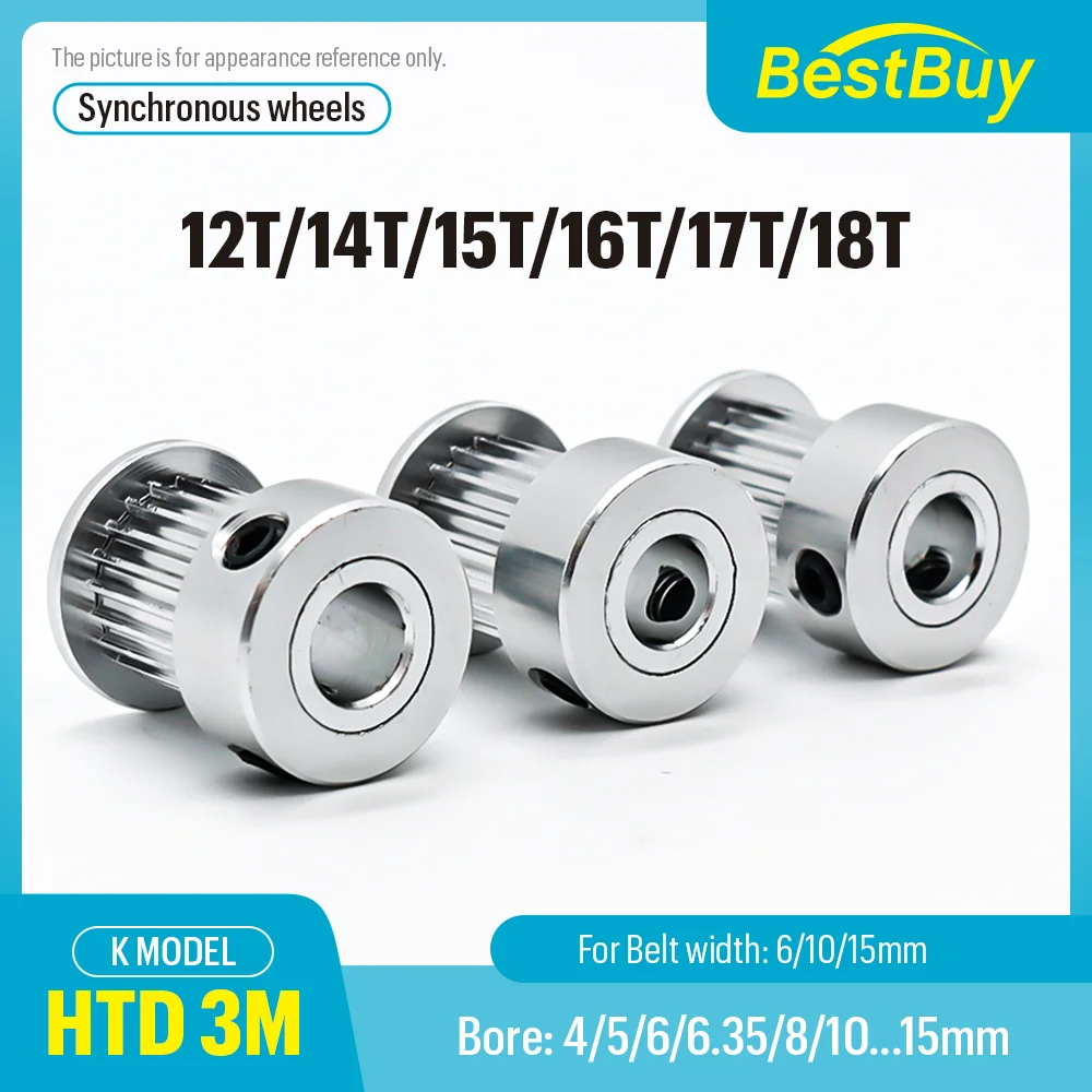 

HTD 3M 12T/14T/15T/16T/17T/18T Timing Pulley Bore 4-12mm Pitch 3mm Suitable for Belt Width 6/10/15mm Synchronous Wheel K Type