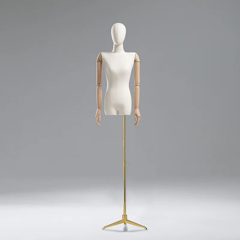 Maniquí de medio cuerpo para mujer, cubierta de tela, Base de Metal con brazo de madera para exhibición de ropa, estante ajustable, hombro plano