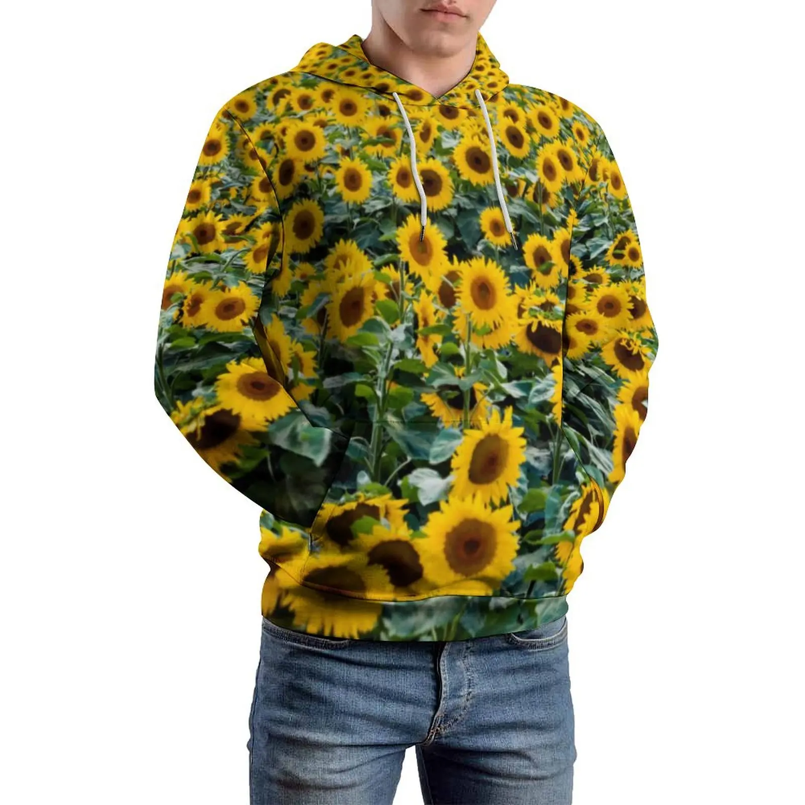 

Field of Sunflower Casual Hoodies Yellow Flowers Print Loose Hoodie Couple Long Sleeve Retro Pattern Clothing Big Size