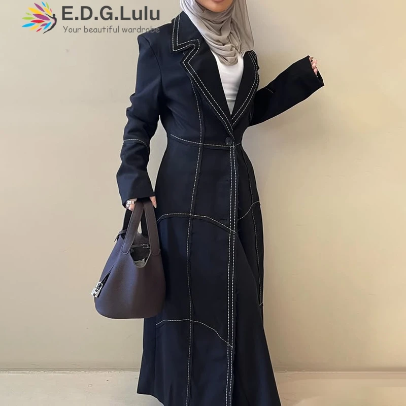

EDGLuLu Fall 2025 Fashion Woman Long Sleeved Bright Line Trench Coat Turn-Down Collar Loose Black Long Windbreaker Jacket 0902