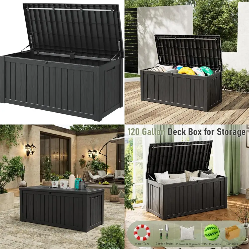 مقعد تخزين خارجي مقاوم للماء، صندوق سطح من الراتنج سعة 120 جالونًا مع غطاء قابل للقفل، خزانة متينة مقاومة للعوامل الجوية للاستخدام الخارجي #1