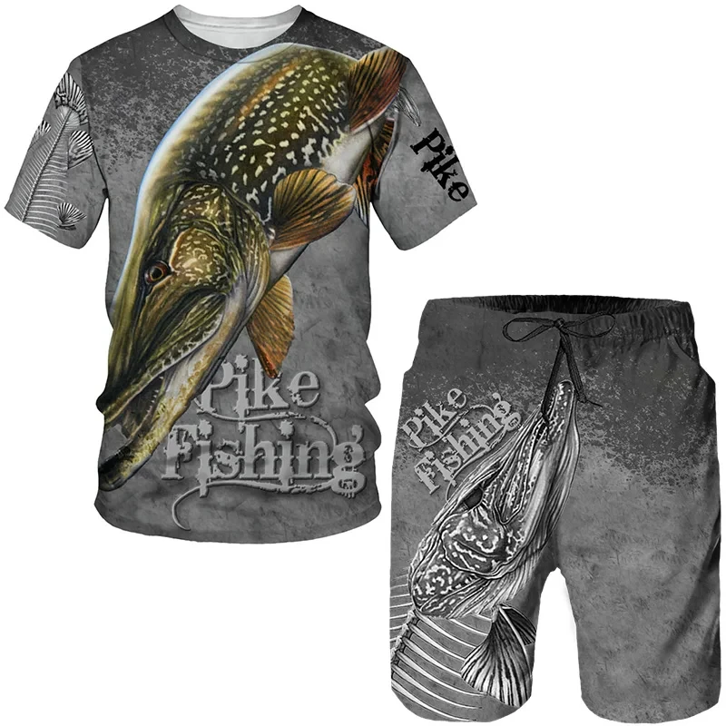 Summer Fishing Battle Camo 3D Print Men\'s T-shirt Sets Harajuku Fashion T-Shirt Shorts Two Piece Set Casual Pullover Tracksuit