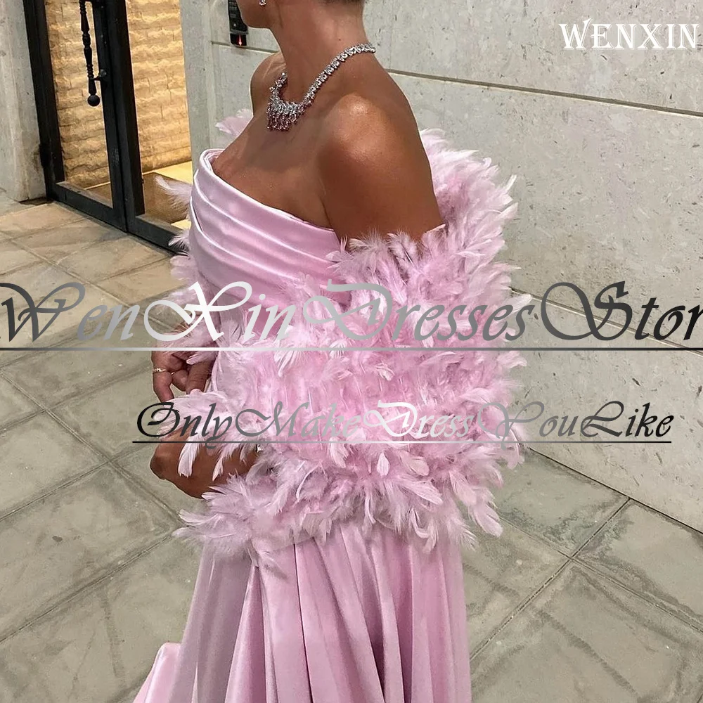 Gala Dresses Woman 2024 For Party Boat Neck Off the Shoulder A-Line Solid Color Pleats Sweep Train Floor Length Feathers Saudi