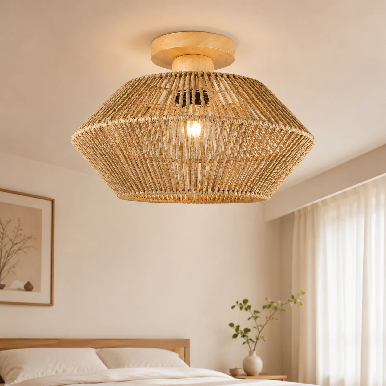JOYINLED Rattan-Deckenleuchte, handgewebte Hanfseil-Deckenleuchte im Boho-Rustikalen Stil für Schlafzimmer, Wohnzimmer, Flur