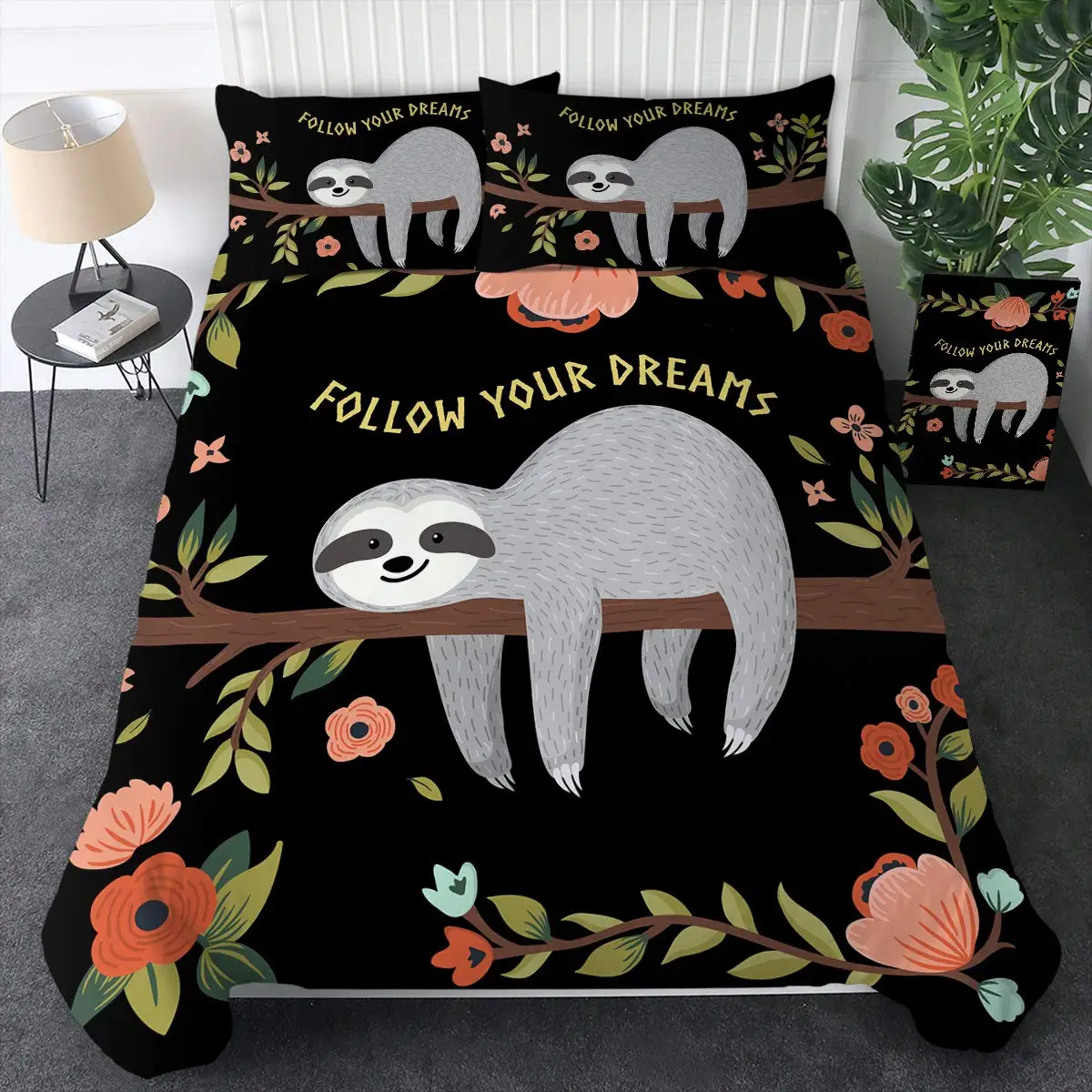 

Sloth Duvet Cover Set Full King Size for Girls Floral Sloth Black Bedding Set Flowers Sloth Comforter Cover Woodland Bed Sets