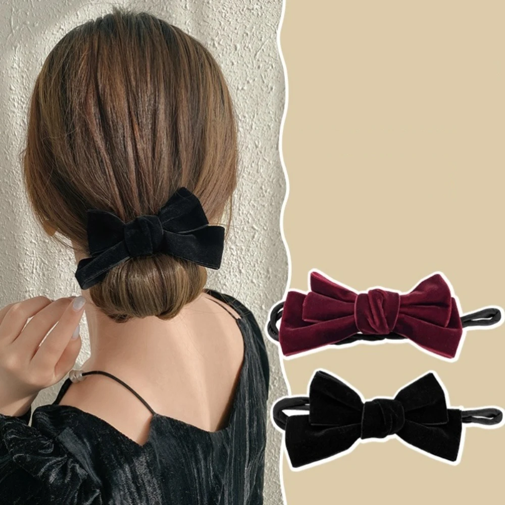 Women Elegant Velvet Bow Flower Bun Maker Maruko Hairstyle Making Long Tool Sweet Hair Braide Rope Hairbands Korean Accessories