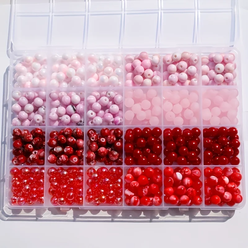 600pcs, 8mm, Eight Different Styles of Pink and Red Round Bead Set Boxes, DIY Production