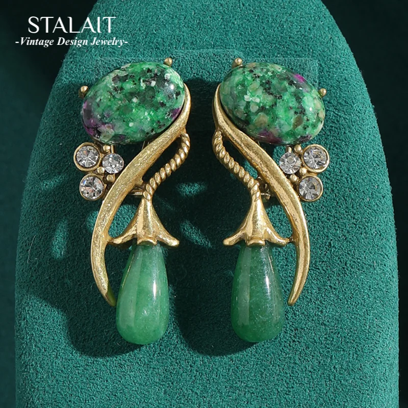

Antique Jewelry Moss Green Natural Stone Long Water Drop Earrings Flower Rhinestones Vintage Luxury for Women New Arrival 2025