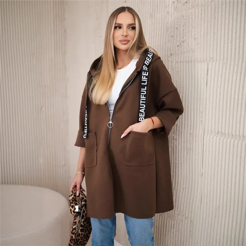 

Elegant Hooded Jacket For Women Fashion Letter Splicing Woolen Jacket Long Seeve Zipper Autumn Winter Hooded Jacket Outercoat