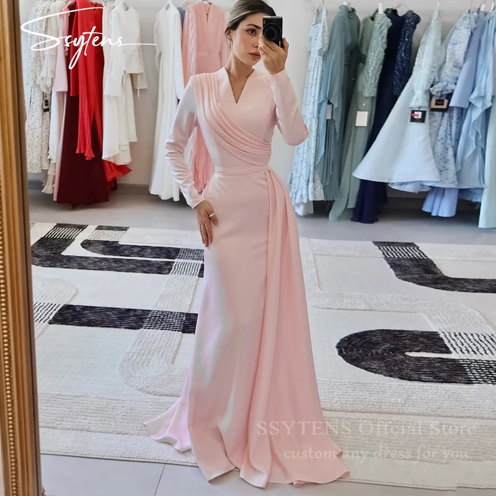SSYTENS Crepe Pink Evening Dresses Long Sleeves Prom Party Dresses Saudi Event Elegant Wedding Guest Prom Gowns 2025 Customized