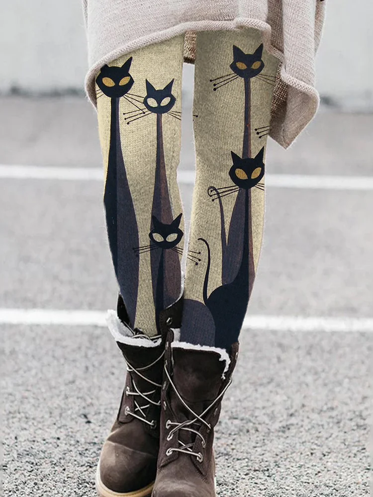 طماق المرأة القطط الأزهار المطبوعة السراويل البوليستر دنة تمتد مرونة الخصر التحكم خريف شتاء ملابس الشارع في الهواء الطلق #1