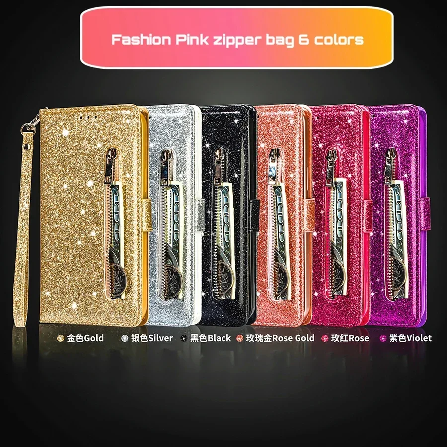 Funda de cuero con purpurina para Samsung Galaxy A05s, A13, A14, A15, A23, A24, A25, A32, A33, A34, A35, A41, A51, A52, A53, A54, A55, A71