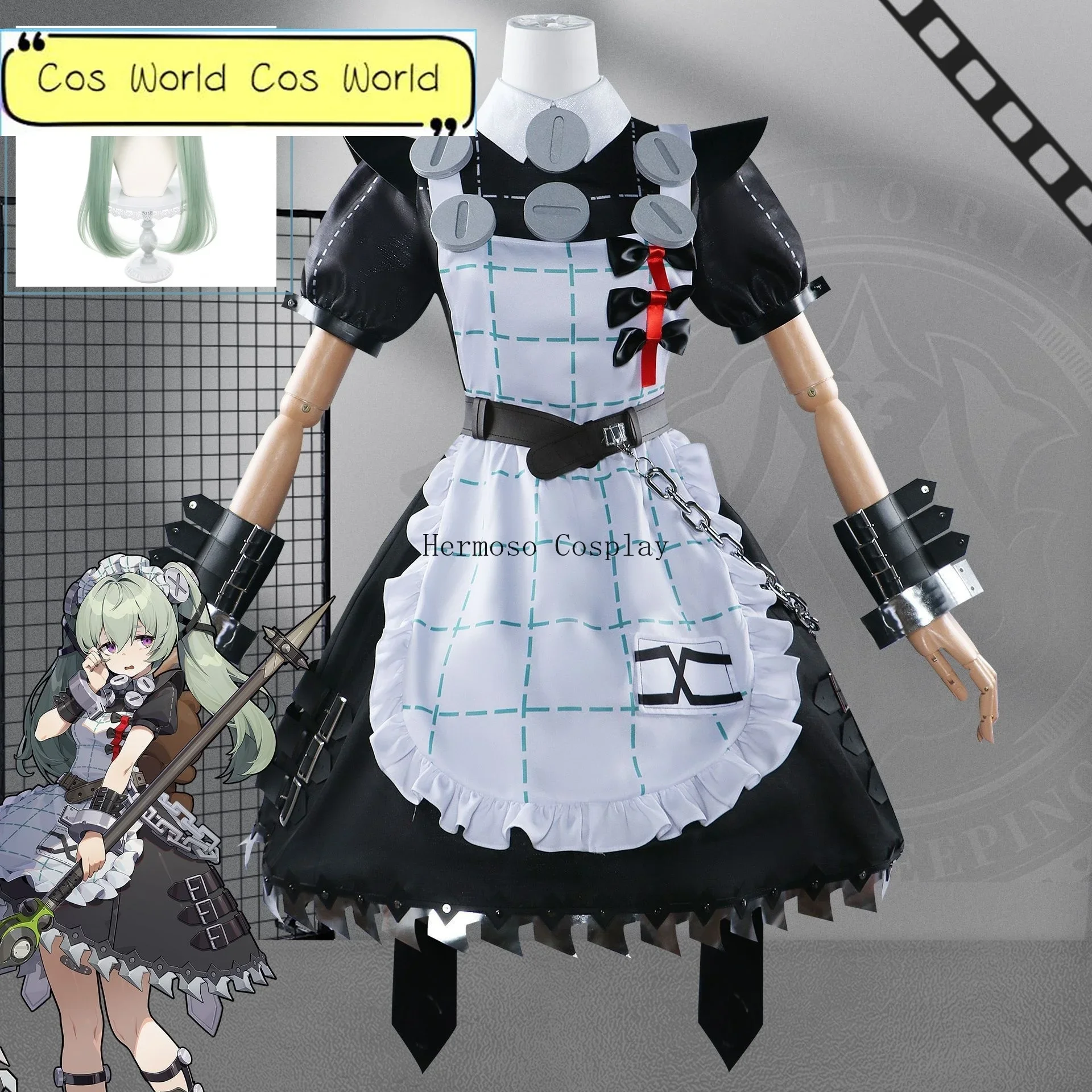 Corin Wickes Cosplay Costume Game Zenless Zone Zero Dress Corin Wig Gothic Maid Skirt Green Double Ponytail Hair Costume Set