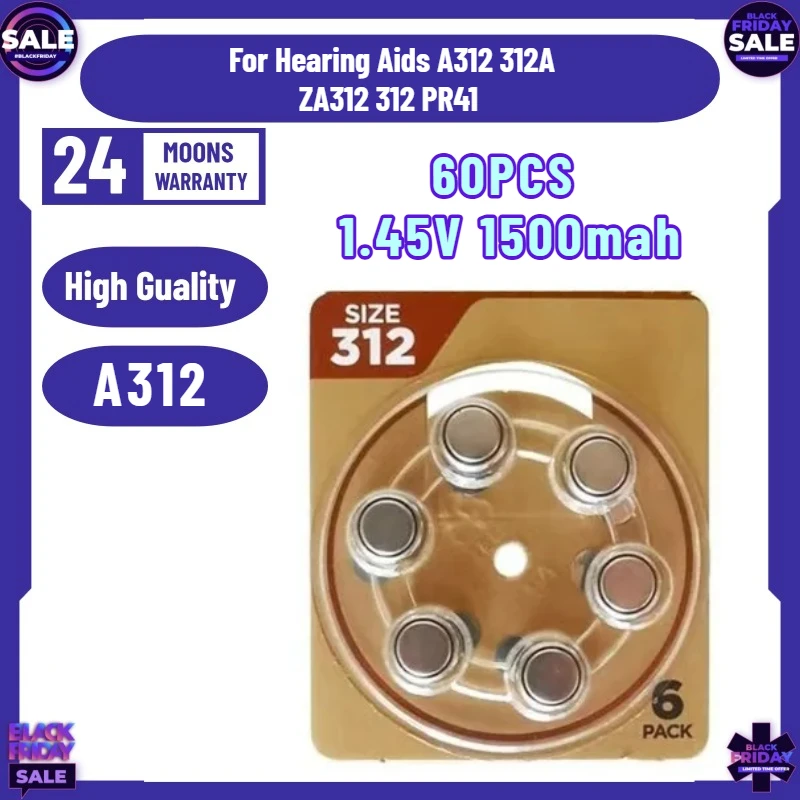 60PCS  Zinc Air Hearing Aid Batteries for Hearing Aids A312 312A ZA312 312 PR41 Battery A312 1.45V 1500mah Batteries