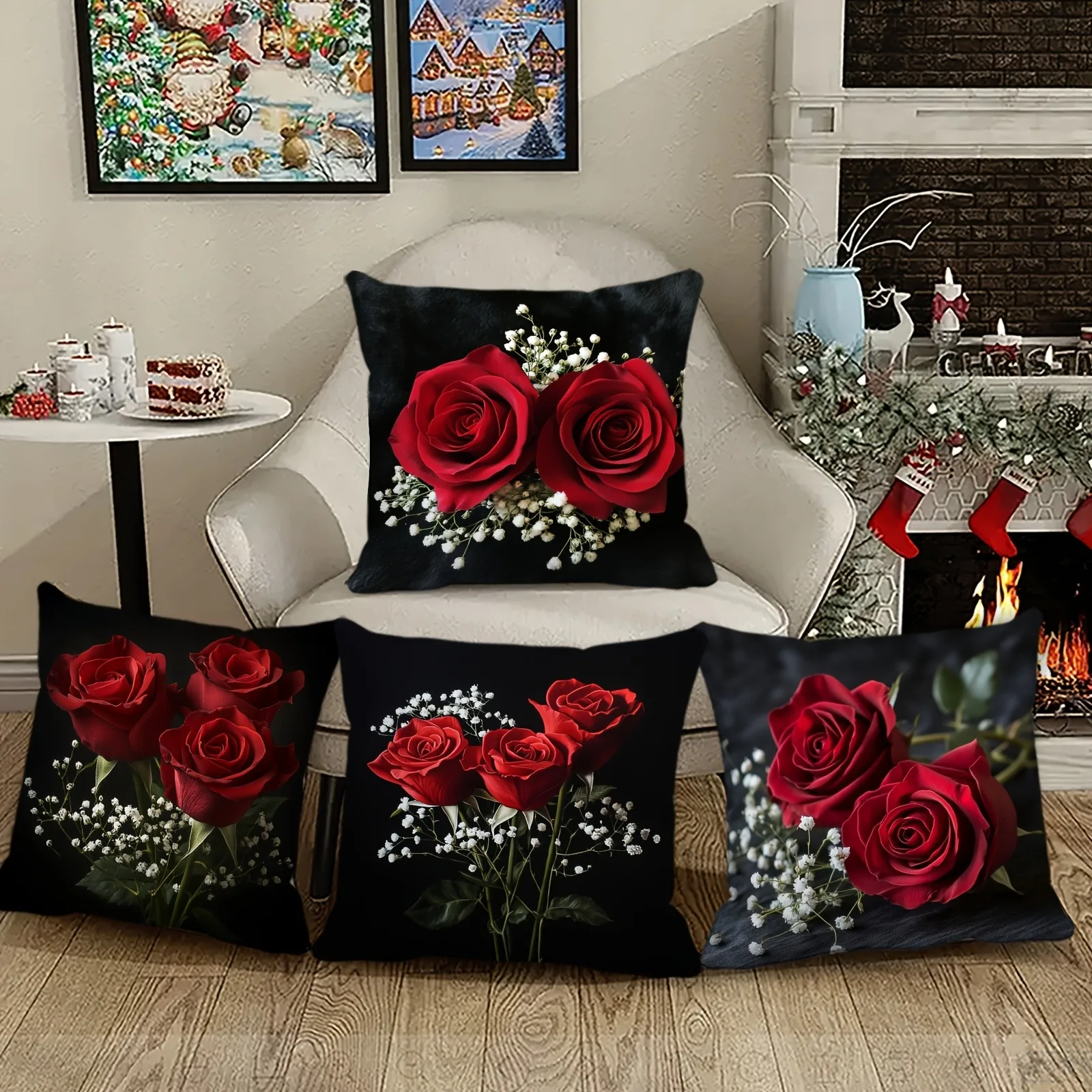 

4pcs black classic fashionable red rose and starry sky pillowcases suitable for daily Valentine's Day decoration