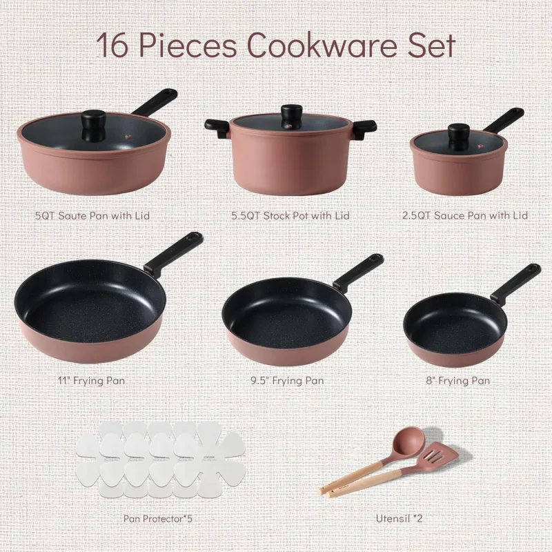 Non Stick Pots and Pans Set, Cookware Sets Nonstick16 Piece, Kitchen Cooking Stay-Cool Handles,with Silicone