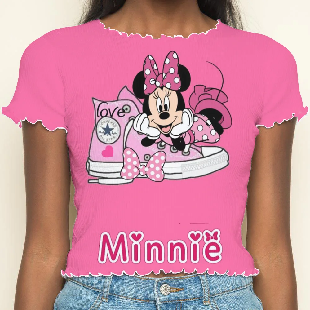 Crop Tops Sexys Woman Clothing Summer Clothes Women 2024 Y2k Lettuce Trim Minnie Mouse Short Sleeve T-shirt Disney T-shirts Top