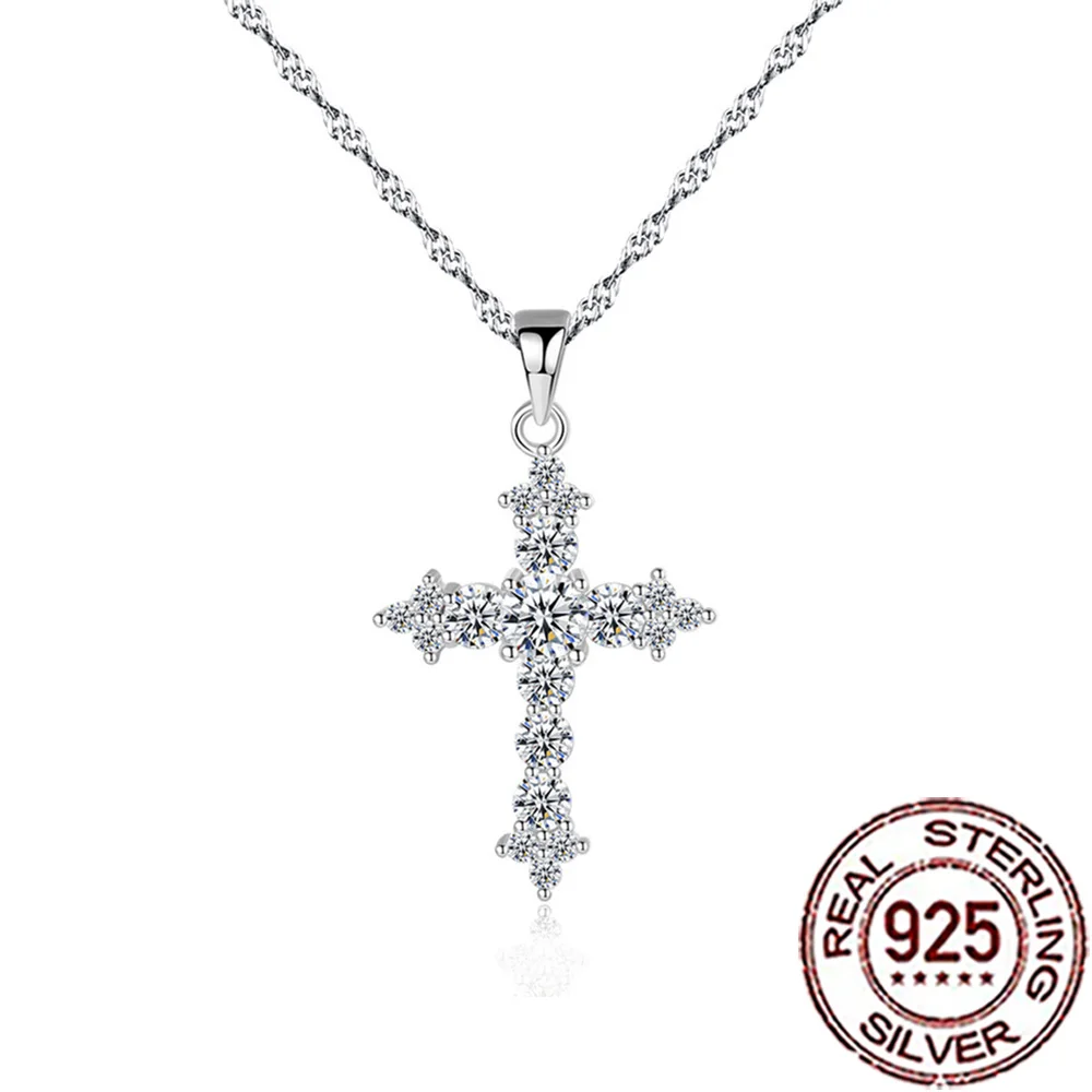 

QooLady из стерлингового серебра 925 пробы, изысканное ожерелье с подвеской в виде креста с камнем CZ для женщин, ювелирное изделие для помолвки, подарок SD007