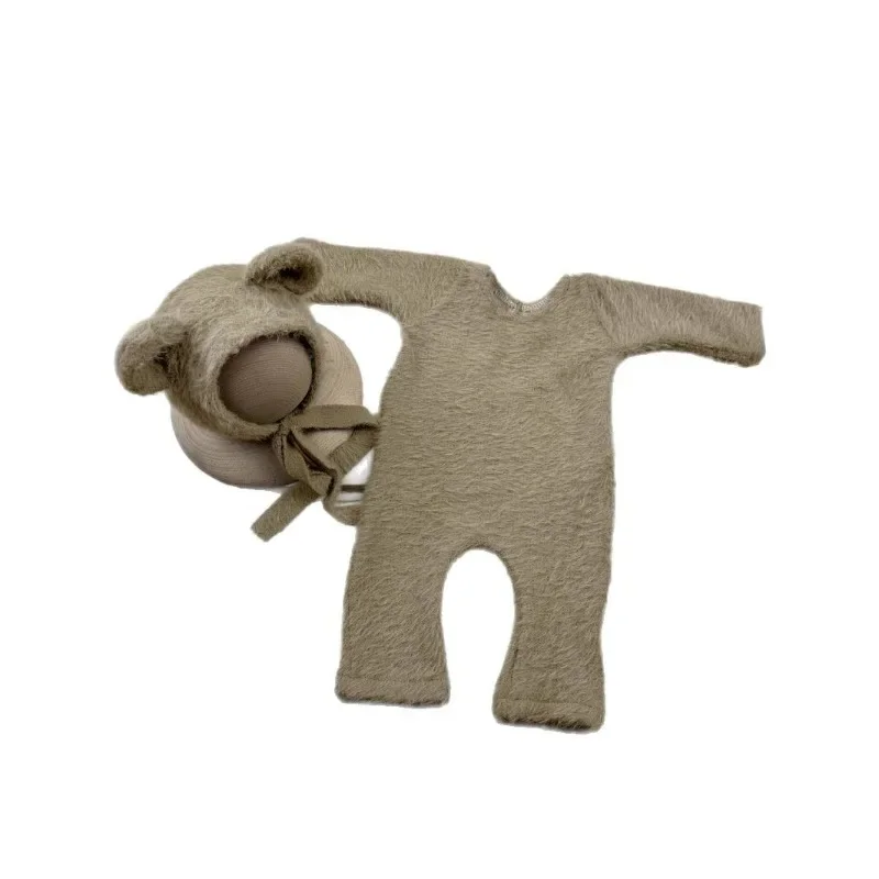 Accesorios para sesión de fotos para niña y niño, sombrero de oso de peluche de poliéster y pelele con patas, trajes de fotografía para recién nacidos, foto de 1er mes