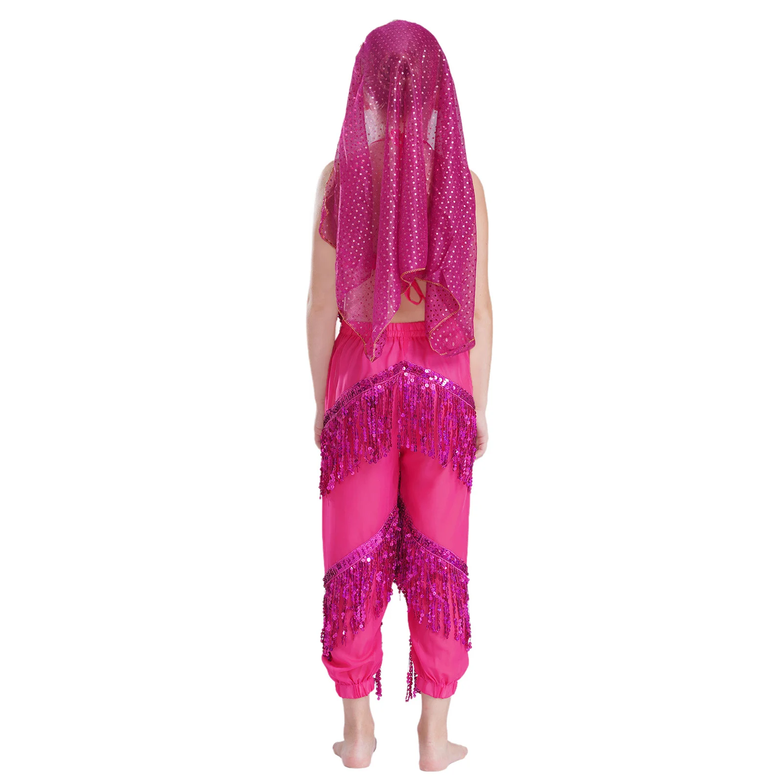 Kids Girls Tassel Belly Dance Outfit Shiny Sequins Halter Self-Tie Irregular Hem Crop Top with Pants Headscarf