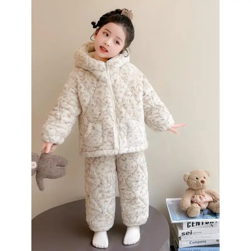 Girls Three-Layer Cotton-Padded Pajamas Set Winter Thickened Flannel Cute Sleepwear for Baby Girl Kids Homewear Loungewear