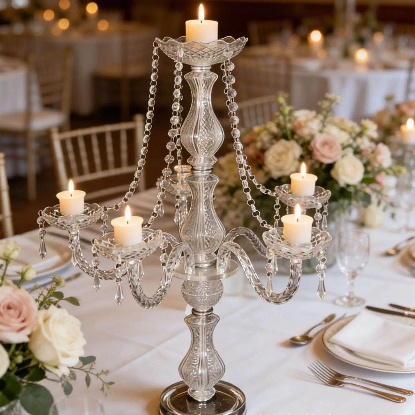 Crystal Candelabra Sparkling Wedding Candelabra Crystal Candle Holder Transparent Taper Candle Stand Sturdy for Weddings view 4