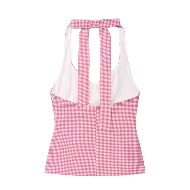 Cute Pink Gingham Halter Top for Women Spring Summer Bow Tie Sleeveless Backless Tank Top Casual Streetwear Going Out Tops