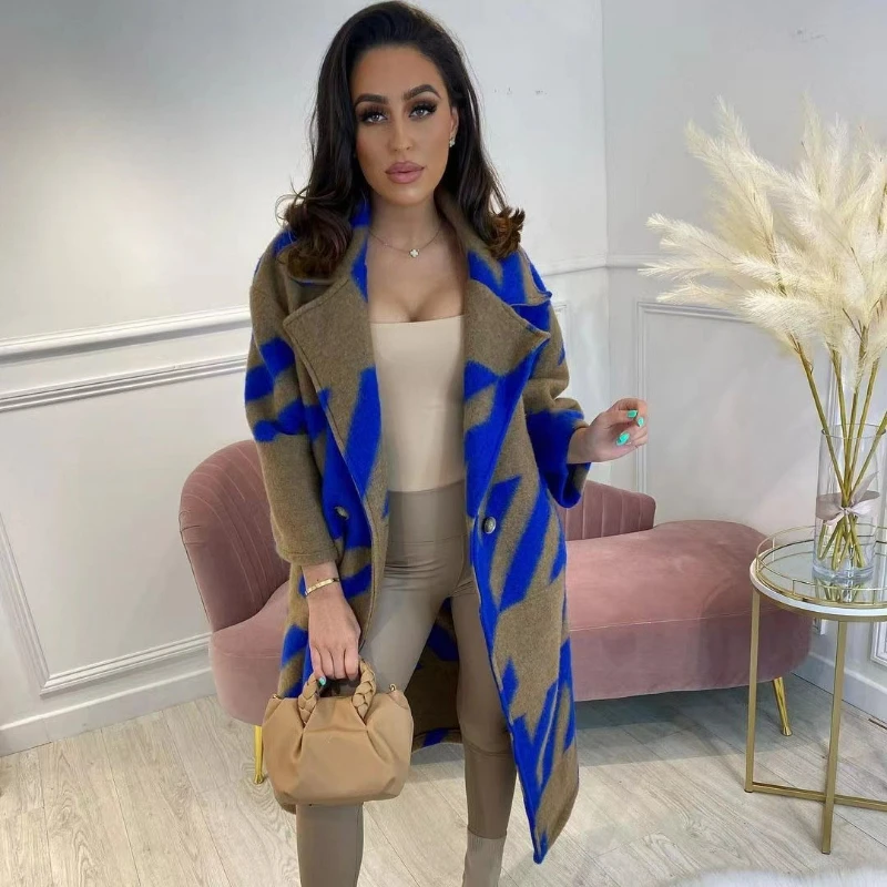 Print Wool Long Jacket Women Button Turn Down Collar Spliced Coats Blends Casual Pockets Cardigan Full Sleeve Jackets Autumn