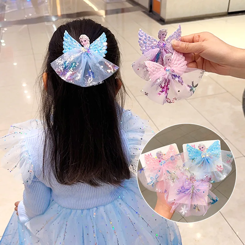 Disney Frozen Princess Hair Clip Cute Cartoon Princess Elsa Winged Bow Dress Headbands for Baby Girls Fashion Hair Accessories