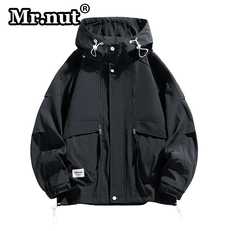 Mr.nut Men Clothing Popular Solid Color Tops Camping Outdoor Jackets Waterproof Windbreak Jacket Loose Oversize Hooded Male Coat