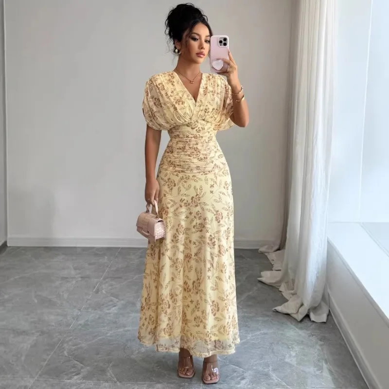 Vestido Largo de Fiesta de Gasa con Corsé Floral Francés 2026, Cuello en V, Manga Abullonada, Fruncido, Elegante para Invitadas de Boda