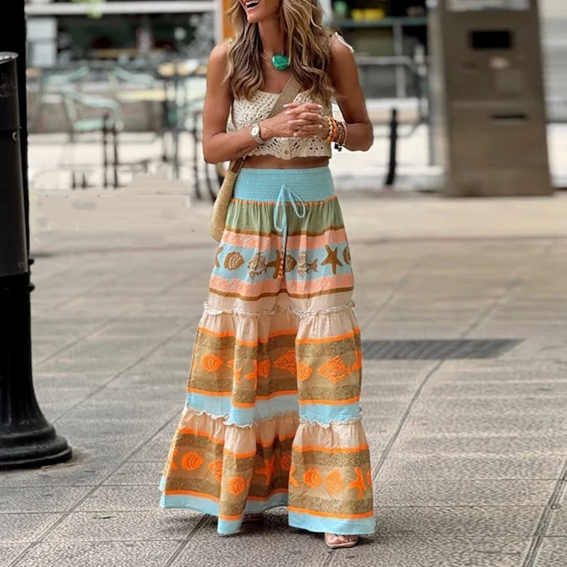Fashion Streetwear Pleated Holiday Long Skirt Bohemian Beach Loose A Line Skirt Colorful Printed High Waisted Casual Woman Skirt