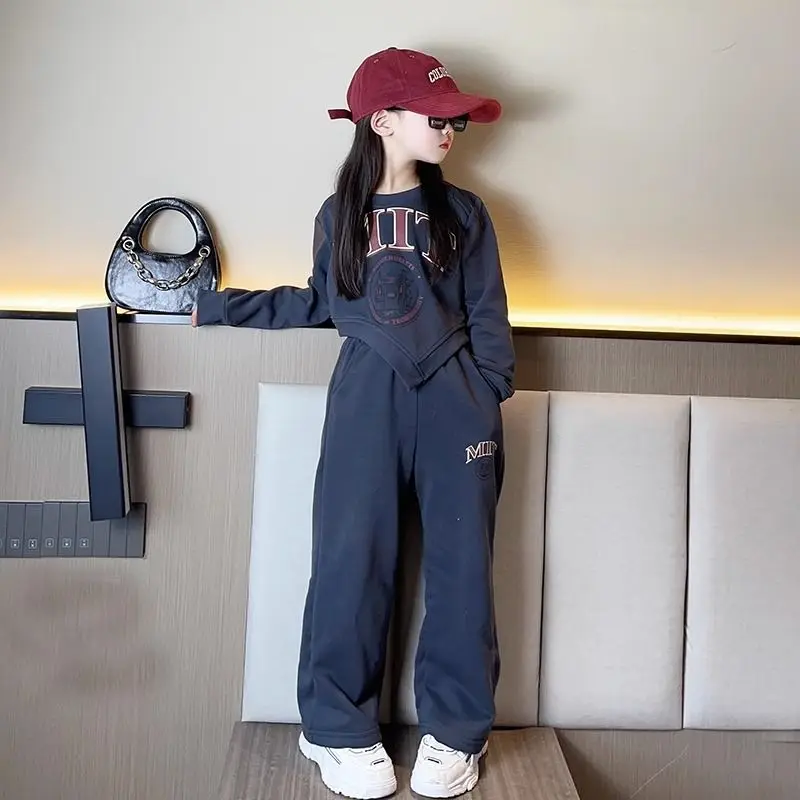 Internet Celebrity Girls Suit Spring Autumn Alphabet Irregular Cropped Sweat shirt+LoosSports Casual Children's Outfit Clothing