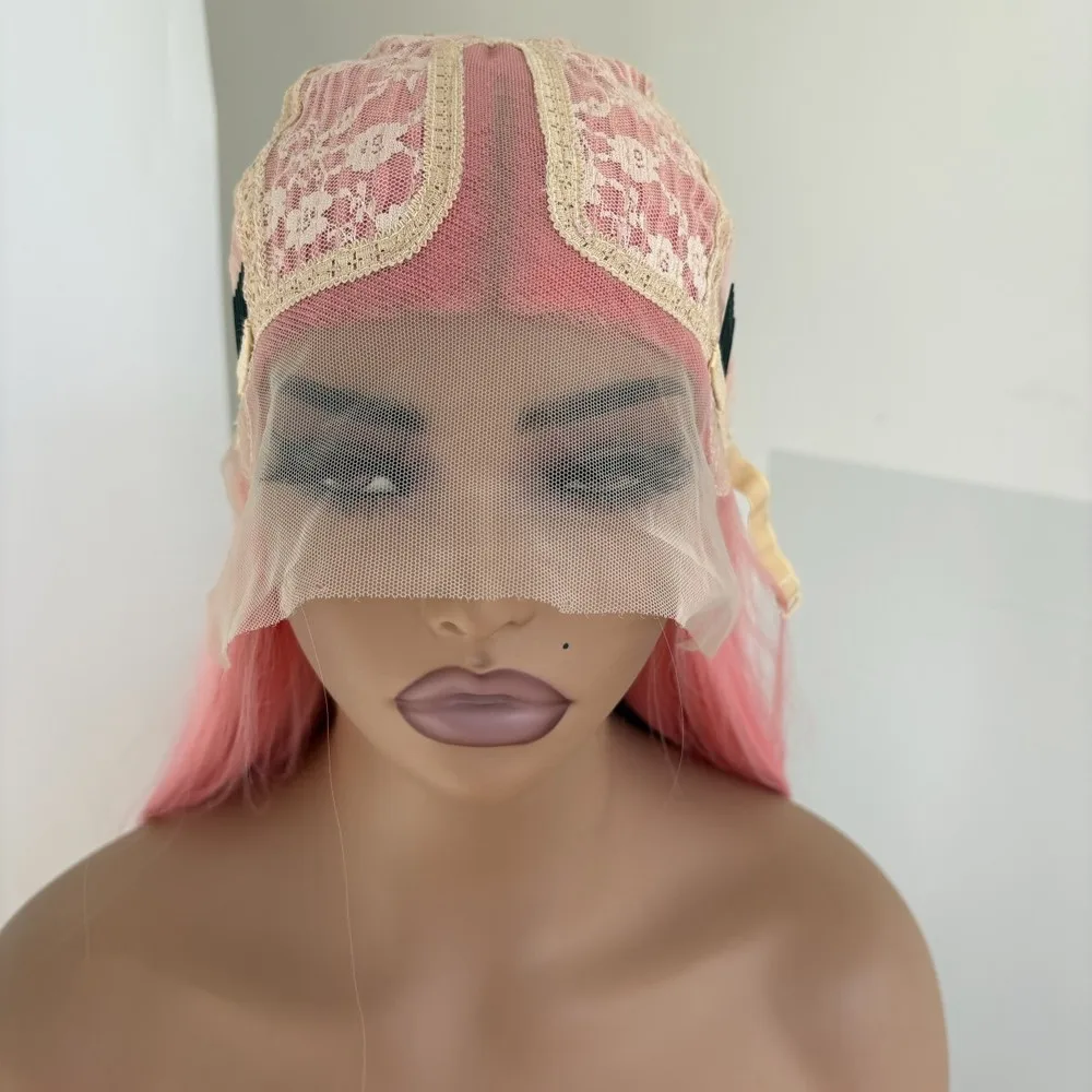 شعر مستعار ناعم بدانتيل أمامي على شكل حرف T بطبقات طويلة مستقيمة ومقاومة للحرارة باللون الوردي