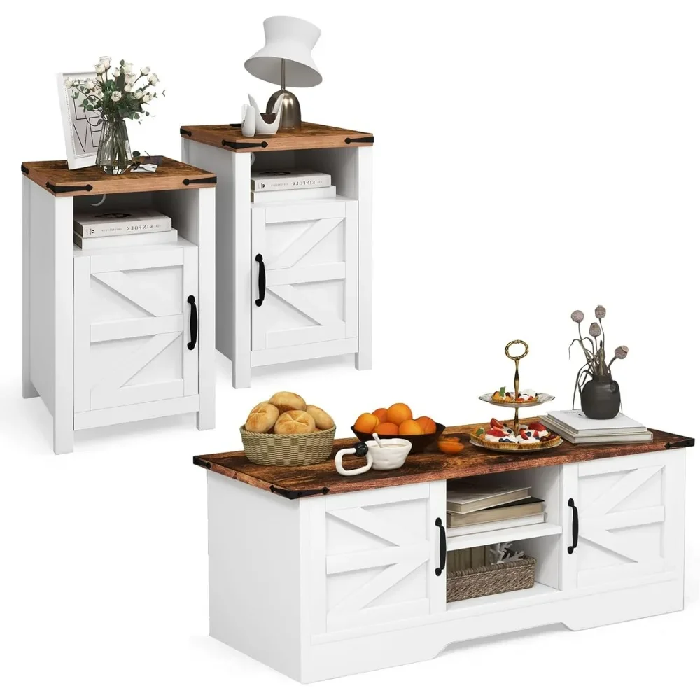 Coffee Table 3-Piece Set, Including 2 End Tables and  Large-Capacity Coffee Table, Living Room and Bedroom Retro Dining Table
