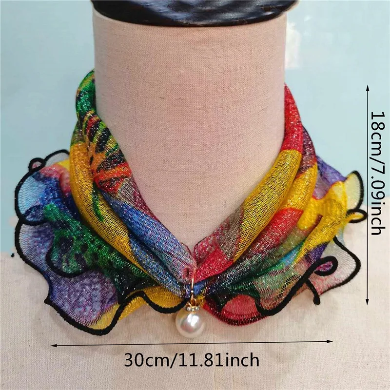 Fake Pearl Pendant Ruffle Lace Scarf Organza Neck Collar Chiffon Scarves Print Shiny Scarf Multi-functional Elastic Neck Wrap