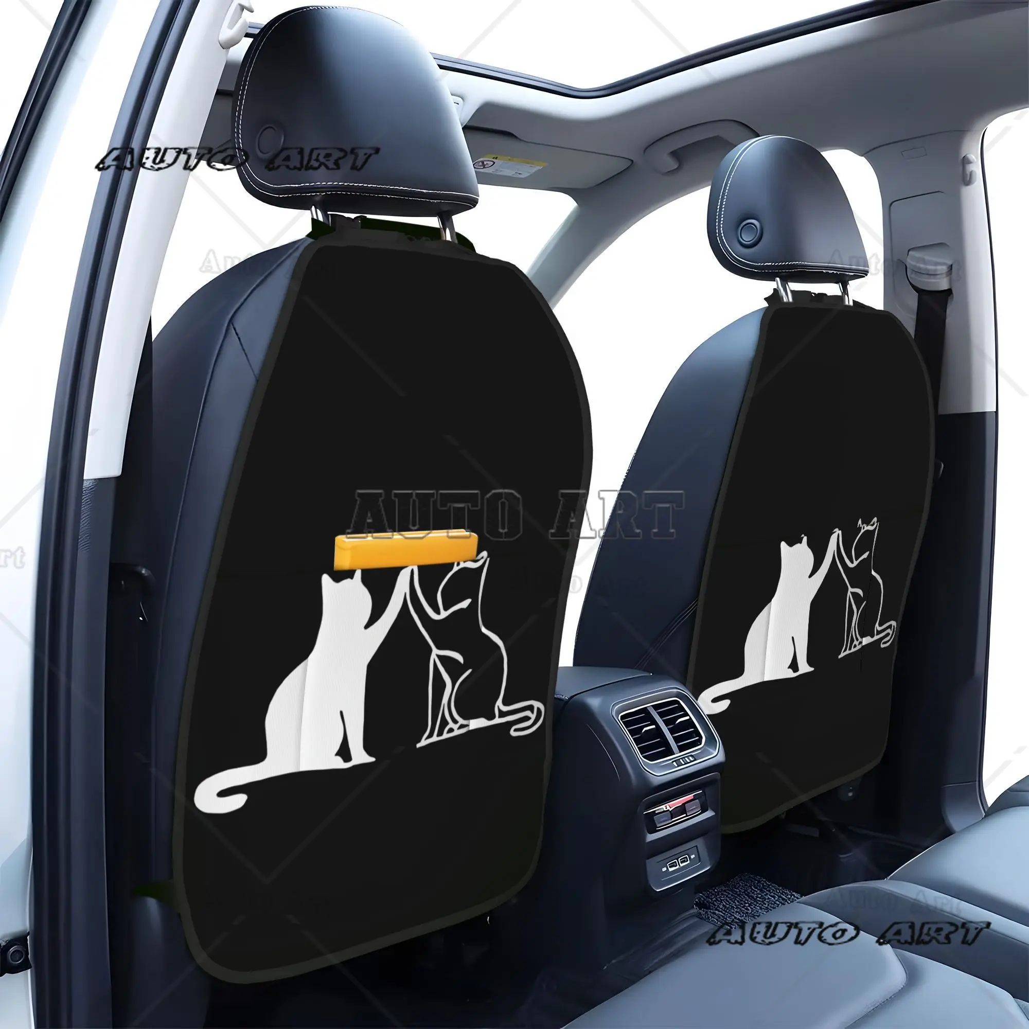 2pcs Two Cats High Fiving Silhouette Car Back Seat Organizer Large Kick Mats with Storage Pockets for Universal Fit for Most