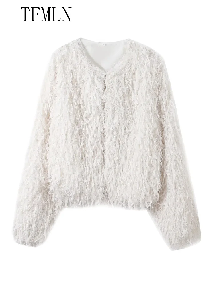 سترات نسائية فاخرة لخريف 2025 من الفرو الصناعي موضة أنيقة برقبة دائرية وأكمام طويلة ملابس خارجية قصيرة معاطف أنيقة للحفلات النسائية الصلبة #2