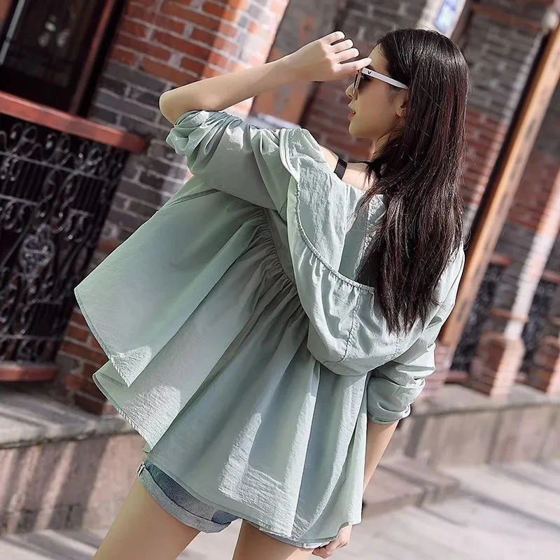 Summer Fashion Hooded Breathable Long Sleeves Air Conditioner Shirt 2026New Forward Short Back Long Sun Protection Clothing Lady