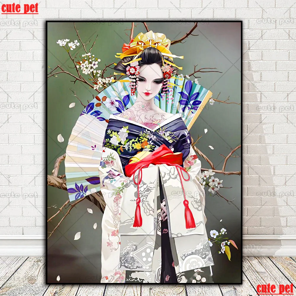 Full Drill Square 5d Japanese geisha woman in kimono Diy Diamond Painting CrossStitch Daimond Mosaic Embroidery Living Room Wall