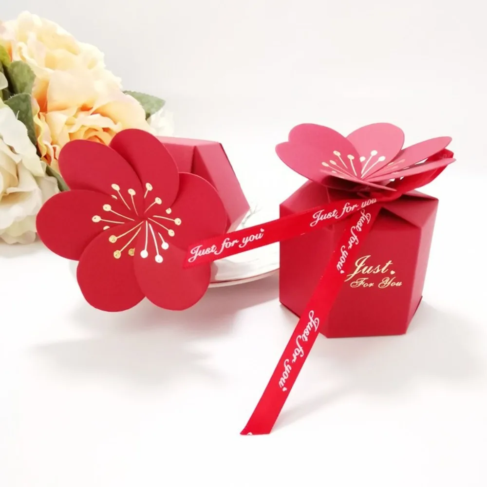 10PCS Creative Wedding Favor Box Hexagonal Paper Chocolate Candy Boxes Party Decor Ribbon Gift Packaging Boxes