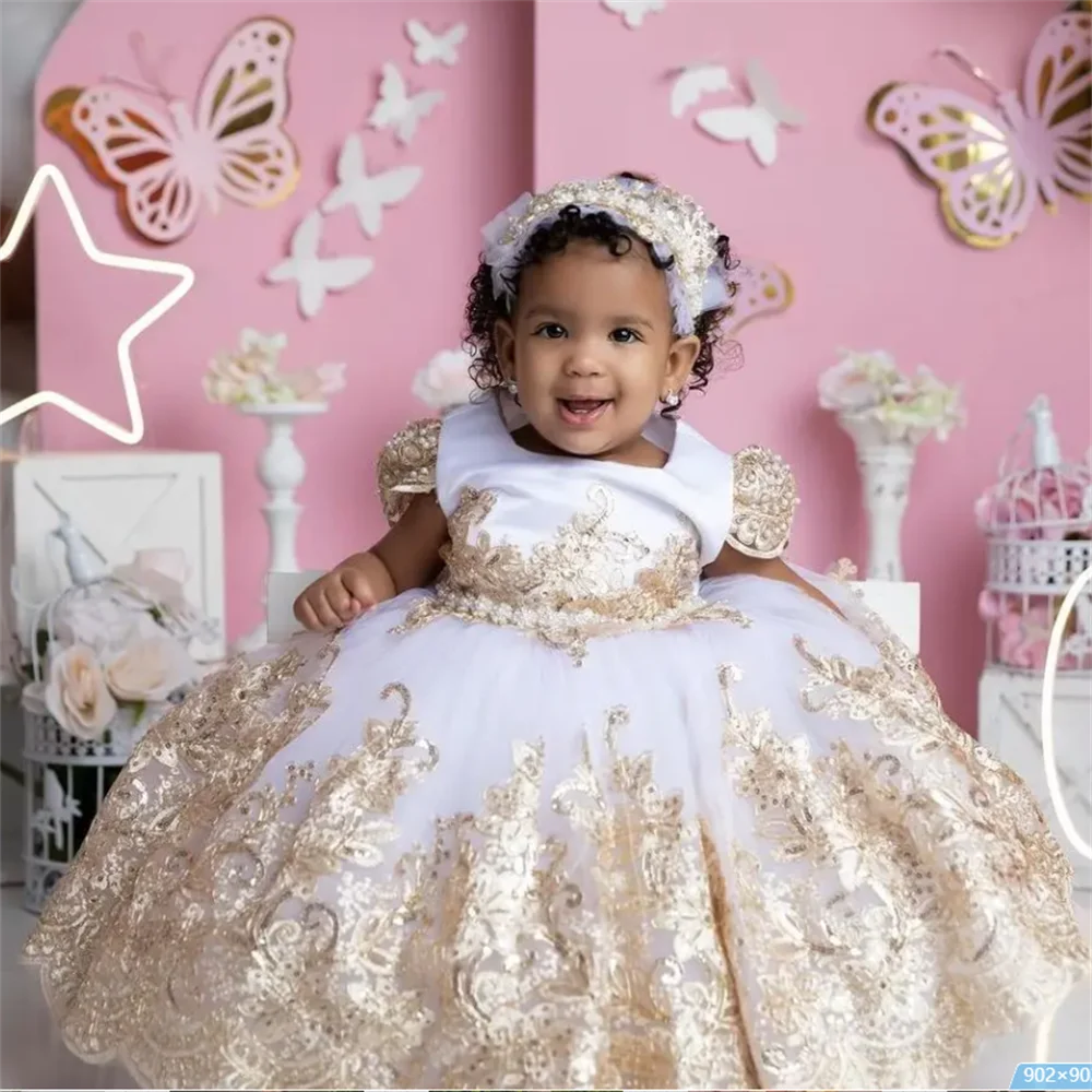 Robe de demoiselle d'honneur avec appliques dorées pour fête d'anniversaire d'enfant, robe d'invité de mariage pour enfants, séance photo, boule, quoi que ce soit